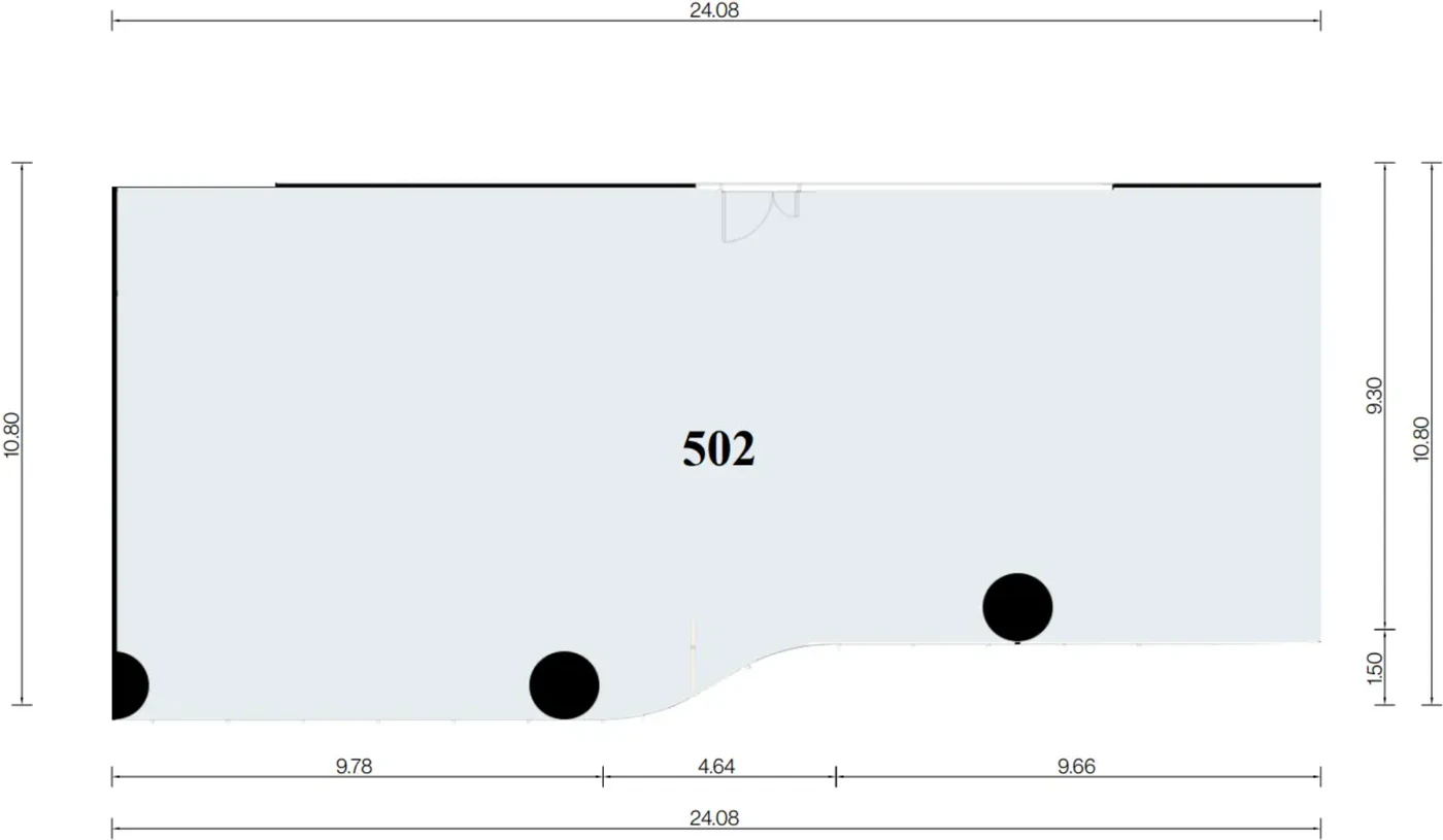 Floor plate for unit 502: a single open shell-and-core office plate 24.08 metres wide, 10.80 metres deep at the left and stepping to 9.30 metres at the right, with three structural columns and a single entrance door on the upper edge