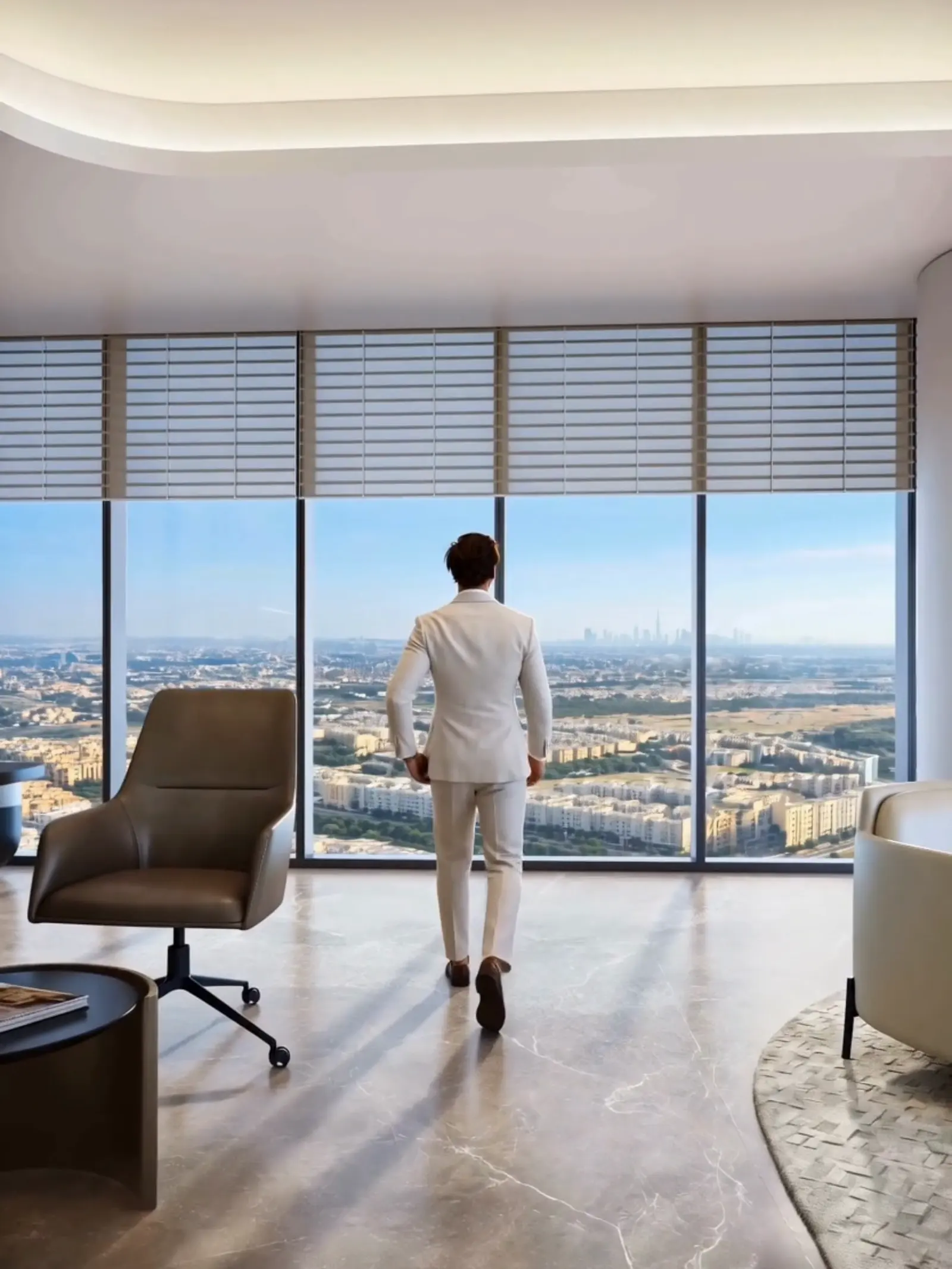 Office interior at DAWN with a view over the Motor City skyline
