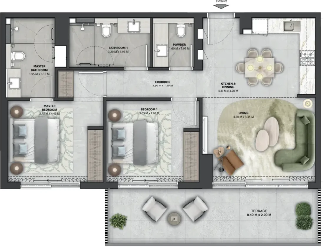Two-bedroom floor plan: master bedroom 3.75 by 4.45 metres with en-suite bathroom, second bedroom 3.65 by 3.20 metres, living area 4.50 by 3.35 metres, kitchen and dining 4.45 by 3.20 metres, family bathroom, powder room, corridor, and a full-width terrace 8.40 by 2.00 metres