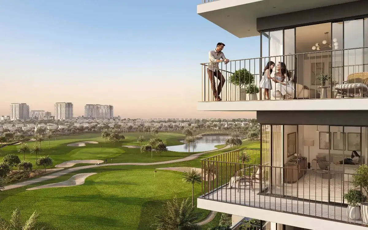 Emaar South — apartments overlooking the championship golf course at dusk