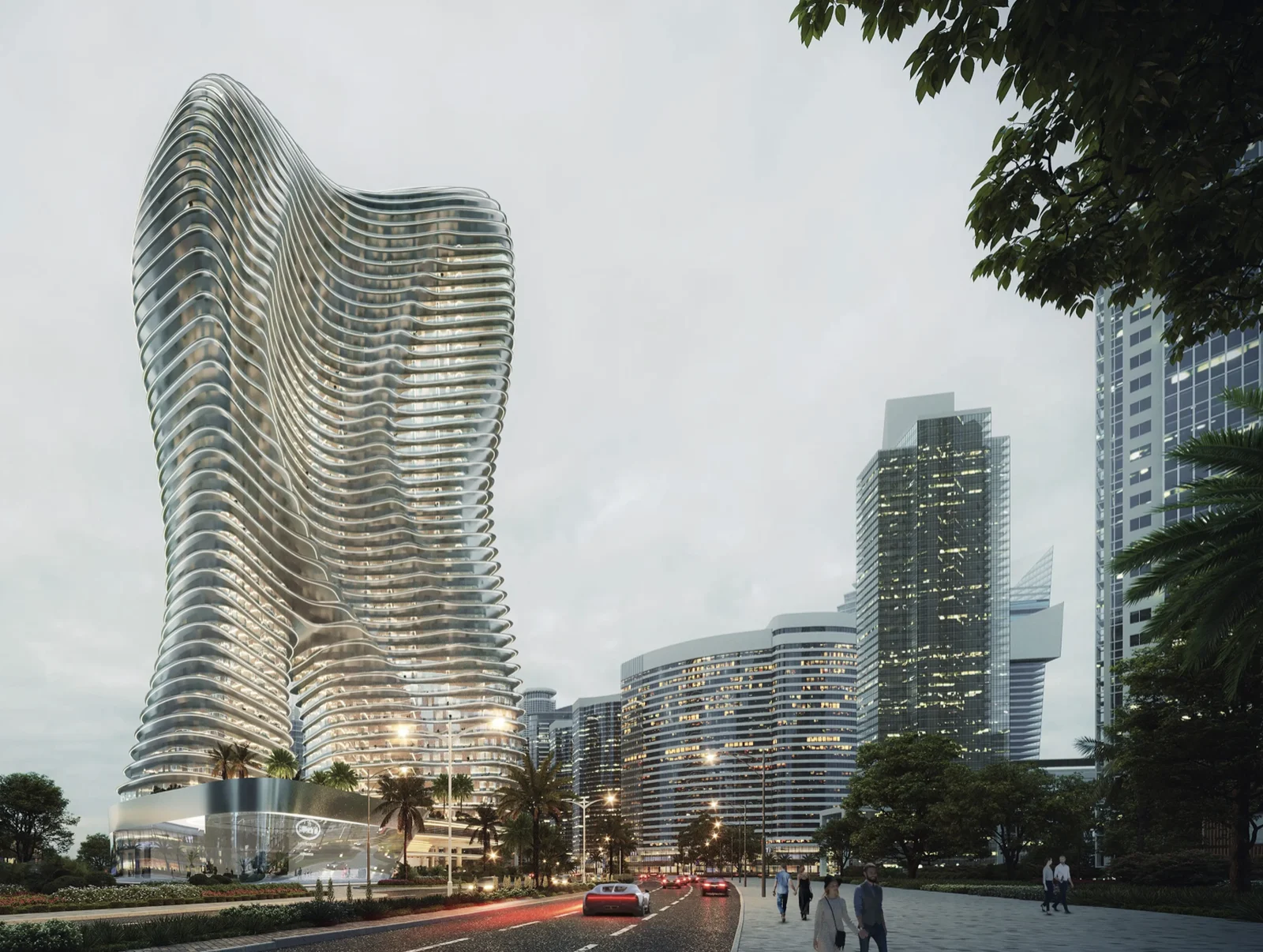 Developer render of Bugatti Residences within the Business Bay skyline