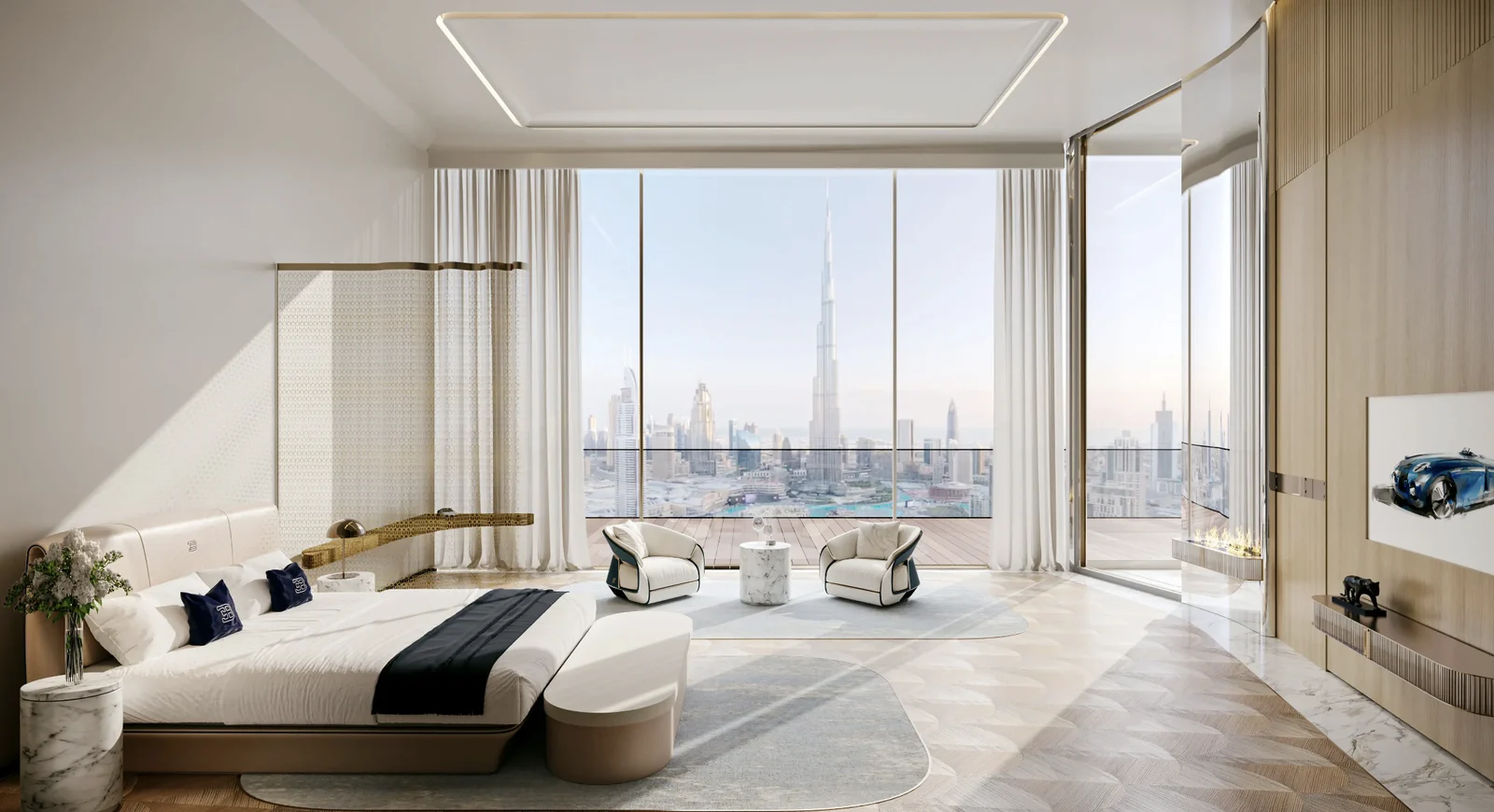 Illustrative Bugatti Residences interior from the developer; not a photograph of the selected residence