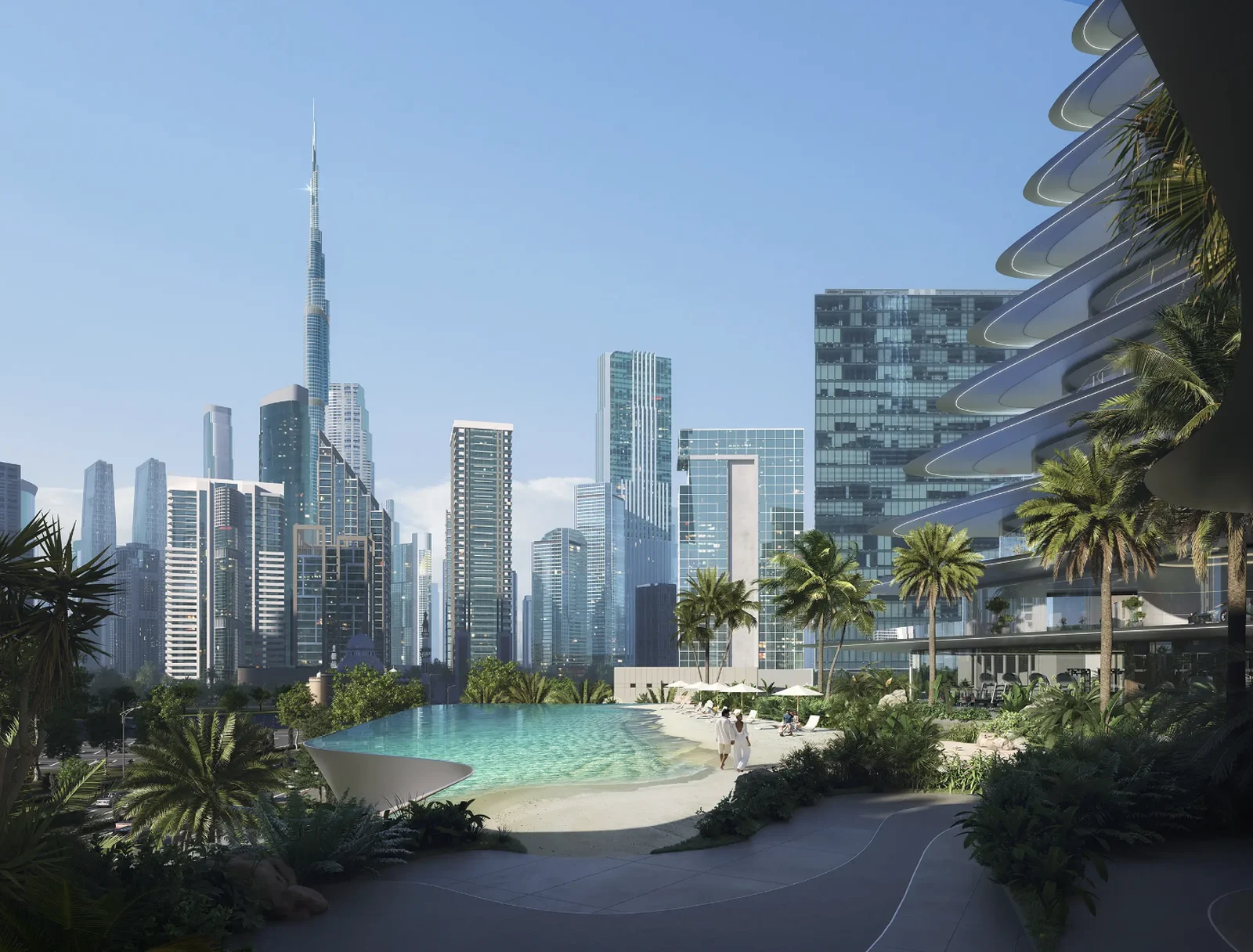 Developer illustration of the Bugatti Residences pool terrace within the Business Bay setting