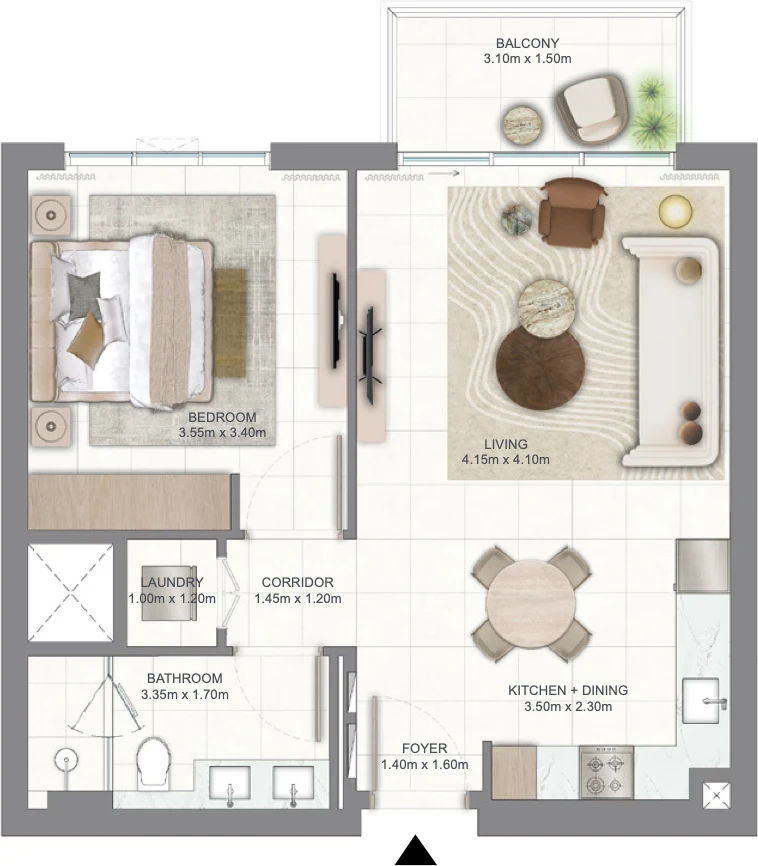 One-bedroom floor plan: bedroom 3.55 by 3.40 metres, living area 4.15 by 4.10 metres, kitchen and dining 3.50 by 2.30 metres, bathroom 3.35 by 1.70 metres, laundry, corridor, foyer and a balcony 3.10 by 1.50 metres