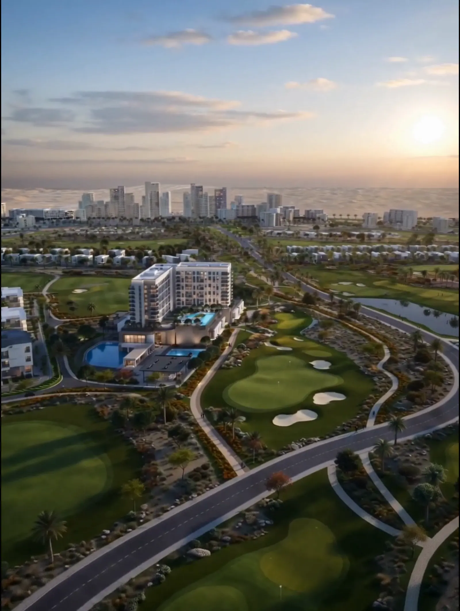 Aerial view of Golf Vale at Emaar South, apartment building beside the championship golf course at sunset