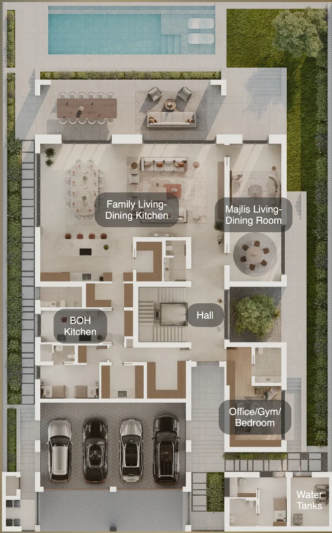 Ground floor plan: family living-dining kitchen, majlis living-dining room, BOH kitchen, hall, office/gym/bedroom, four-car garage and water tanks