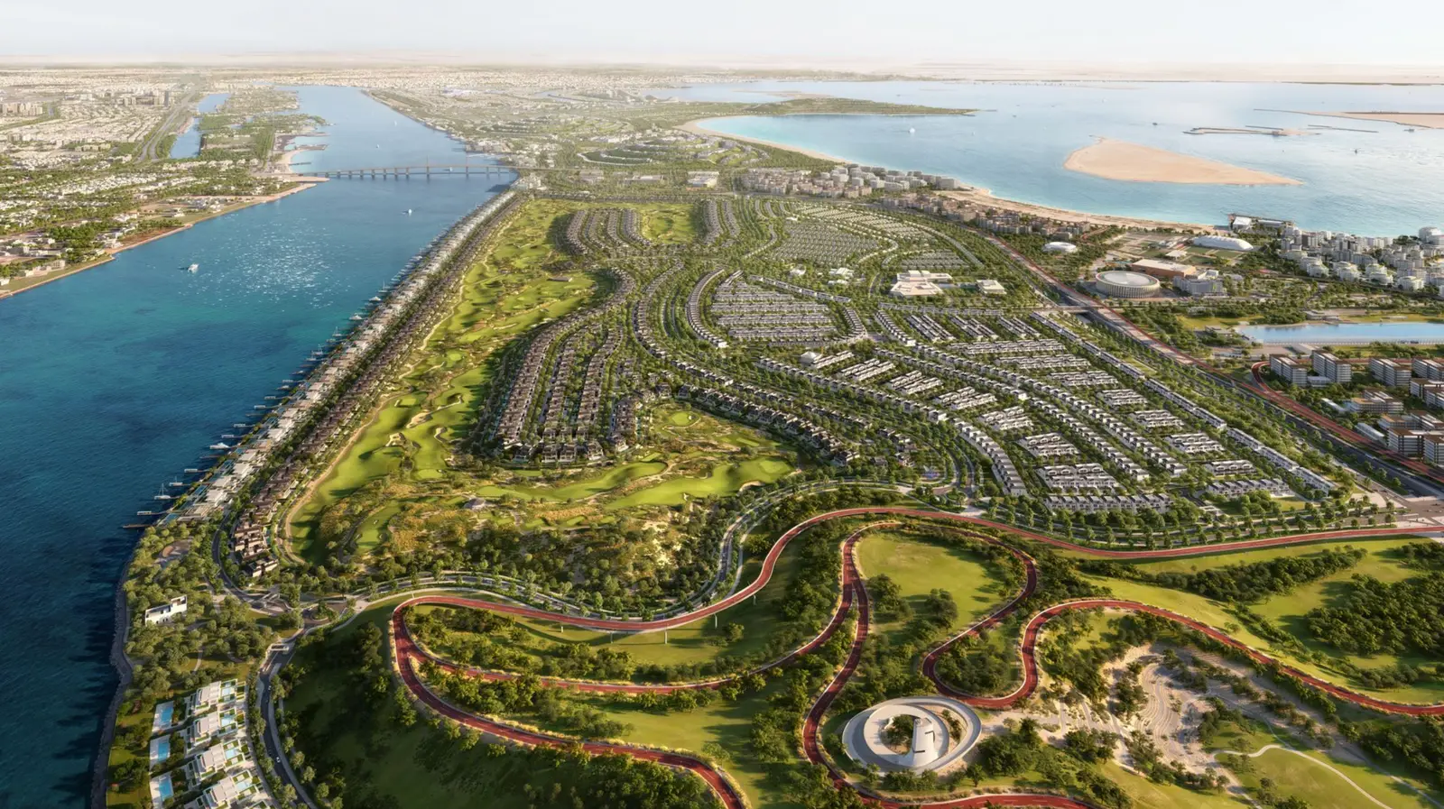 Aerial view of Hudayriyat Island showing the golf estate, water channels and coastline