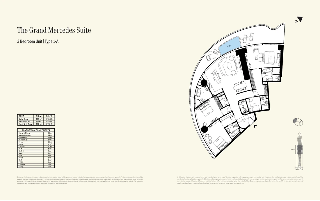 Developer representative three-bedroom Grand Mercedes Suite Type 1-A floor plan with private pool; exact floor-51 layout to be confirmed