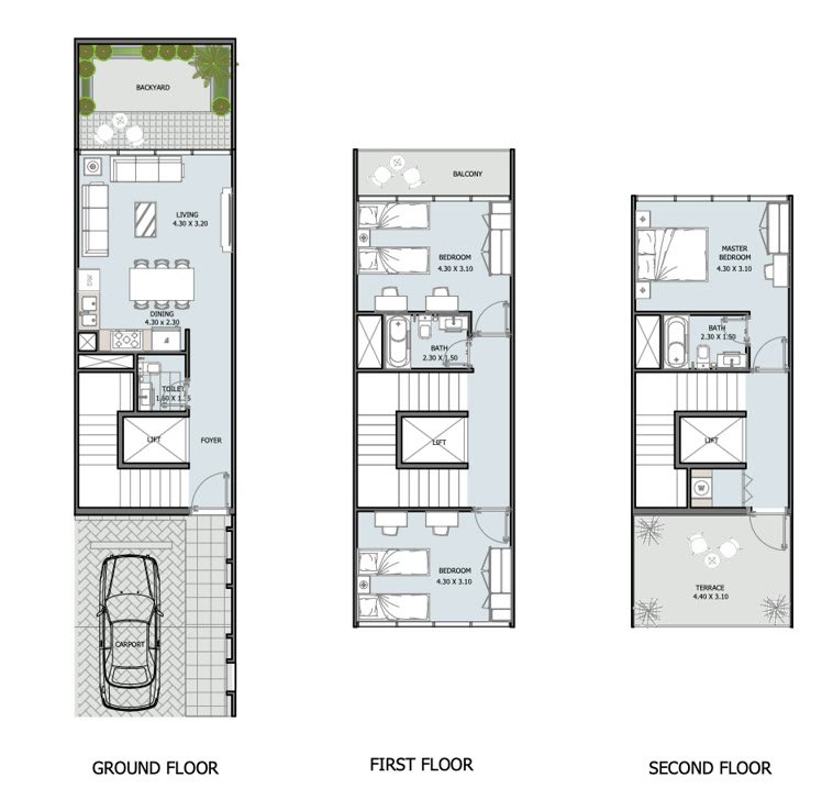 Three-bedroom Verdana townhouse floor plan across three levels: ground floor with living, dining, kitchen, guest bathroom and covered parking; first floor with two bedrooms, bathrooms and balcony; second floor with master bedroom, bathroom and terrace