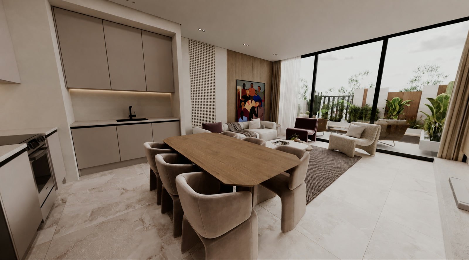 Interior of a Verdana townhouse: open-plan kitchen and dining area with a timber table, opening through full-height sliding doors onto a planted terrace